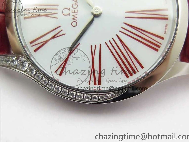 0402 Ladies’ De Ville Trésor Diamond SS 3AF 1:1 Best Edition White Dial On Red Leather Strap Swiss Quartz Snug 7885